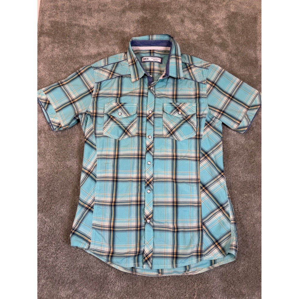 BKE Men's Teal Plaid Short Sleeve Button-Down Shirt